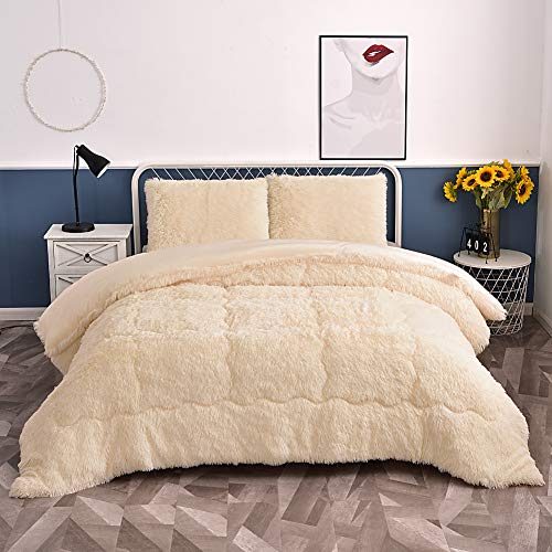 Yasosing Home Luxury Plush Shaggy Comforter Set Faux Fur Double Sided Box Design All Season Solid Plush Quilt Duvet Bedding 3 Pcs(1Down Alternative Comforter+2 Pillowcases) Creamy-White Queen 90x90