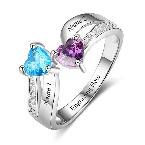 Love Jewelry Personalized Mother Daughter Rings with 2 Heart Simulated Birthstones Custom Women Promise Rings for Her (6)
