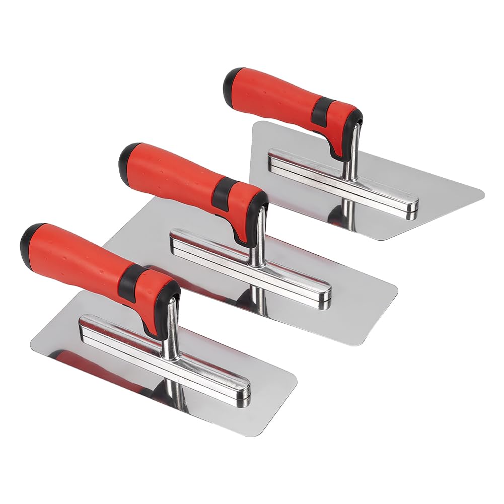 Doodlream 3-Piece Plaster Finishing Trowel Set, Polished Stainless Steel Trapezoid Blade Masonry Tools with Ergonomic Soft Handle for Drywall Concrete Cement Finishing Hand Tools