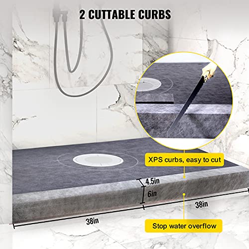 Image of VEVOR Shower Curb Kit, 38 inchx60 inch Watertight Shower Curb Overlay with 4 inch ABS Central Bonding Flange, 4 inch Stainless Steel Grate, 2 Cuttable Shower Curb and Trowel, Shower Pan Slope Sticks Fit for Bathroom