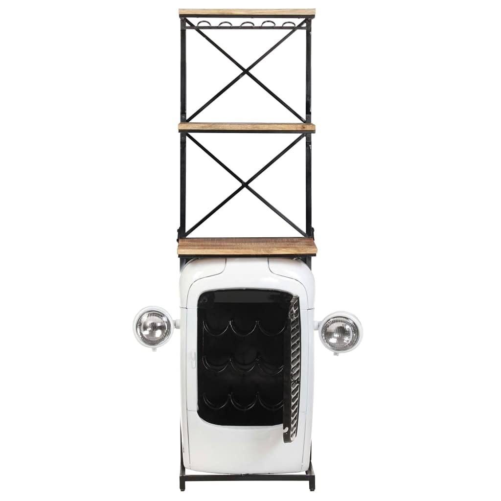 Traktor-Weinschrank Weiß aus rauem Mangoholz und Metall, 49x31x172 cm, 9 Flaschenhalter, 2 Ablagen, stehend, platzsparend, für Küche, Esszimmer, Wohnzimmer, Bar und Keller