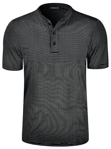 TAPULCO Mens Collarless Golf Polo Shirts Summer Dry Fit Tech Performance Casual Athletic Sports Outdoor Hiking Fishing Tshirts Stripe Black Medium