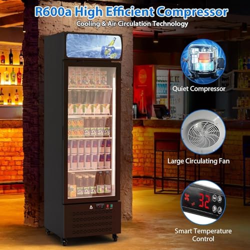 Image of Commercial Display Refrigerator with Single Glass Door, 11.3 Cu.Ft Upright Beverage Cooler with Adjustable Shelves, Soft LED Lighting, Merchandiser Fridge for Home, Restaurant, and Garage, Black | Upright Beverage Cooler, Adjustable Shelves, Soft LED Lighting, For Home, Restaurant, and Garage