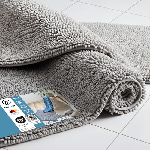 HELLSER Badezimmerteppich DINA | Badematte rutschfest & Waschbar | Weicher Chenille Badvorleger | Saugfähig & Schnelltrocknend | Oeko-TEX Duschvorleger für Fußbodenheizung | Silbergrau | 40x60 cm