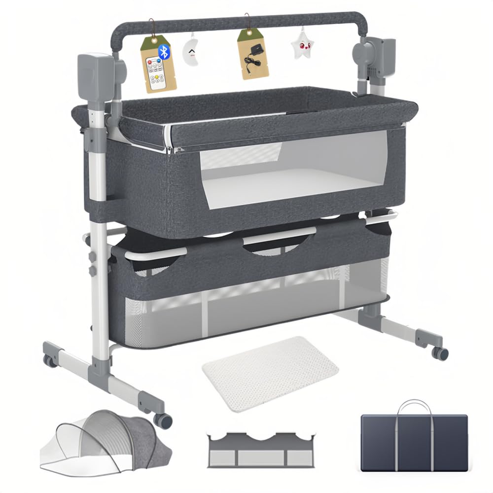 Beistellbett Baby, Stubenwagen Baby mit Rollen, Atmungsaktives Netzgewebe,Matratze & Moskitonetz,Sicheres und Stabiles Design, Babybett mit 5 Schaukelmodi(Grau)