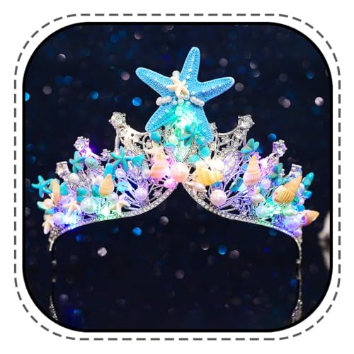 Evlry Leuchtend Meerjungfrau Diadem und Krone Blau LED Seestern Krone Festival Party Kopfschmuck für Damen