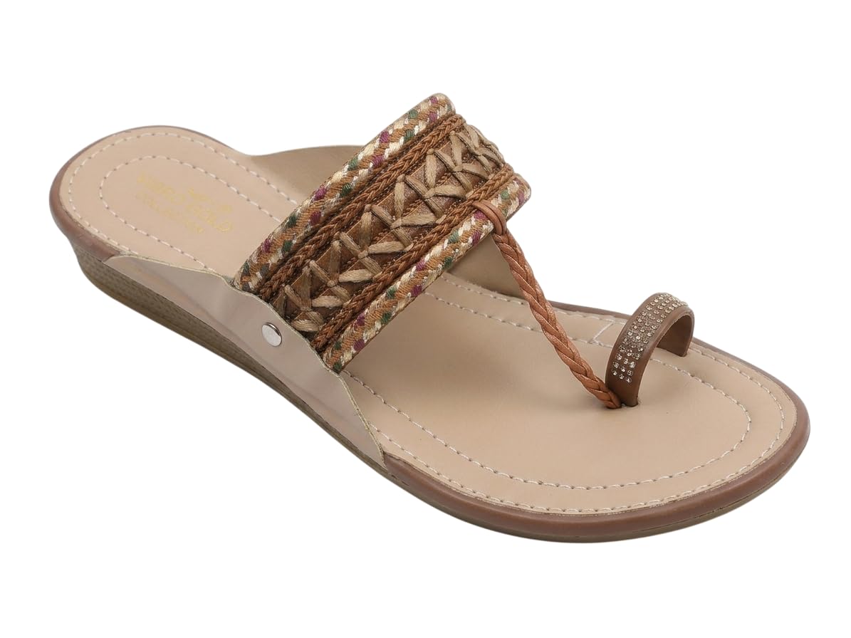 women's ethnic kolhapuri wedge sandals | fashion slippers with braided strap and rhinestone toe ring | comfortable low heel one-toe flats for traditional & casual wear