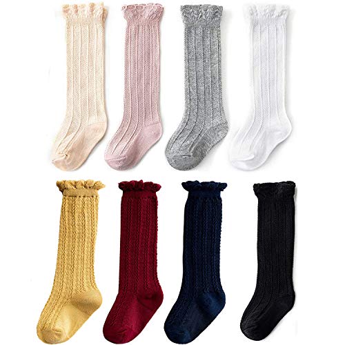 8 Pairs Baby Girls Knee High Socks Cotton Uniform Tube Ruffled Stockings Toddler Sock Tights (8 Pairs, 1-3T)