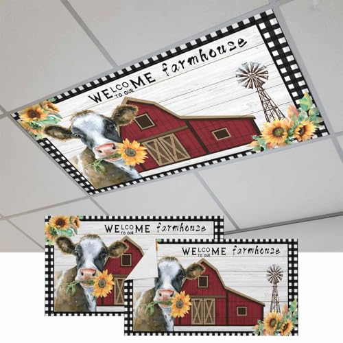 2x4 ft Fluorescent Light Cover for Ceiling Farm Sunflower Cow Magnetic Light Filters, Retro Wooden Barn Lattice Edge Ceiling Lampshades for Home School Office 2Pcs
