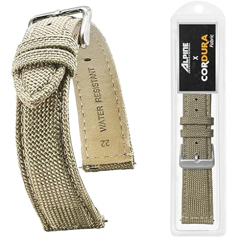 STUNNING SELECTION Alpine CORDURA fabric top and water resistant leather lining watch strap with Quick Release Spring Bars - Khakhi 22 mm Cover