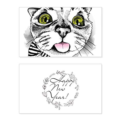 Tarjeta conmemorativa de Año Nuevo Tougue Bow con diseño de gato blanco en inglés