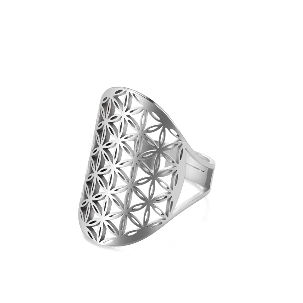 kkjoyEdelstahl Durchbrochener Ring mit Blume des Lebens verstellbar offener Fingerring Versprechenring Schmuck Geschenk fr Frauen
