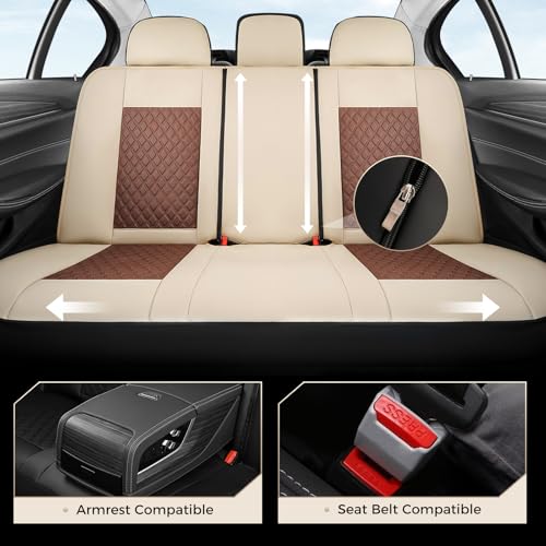 Image of Coverado Car Seat Covers Full Set, Beige Brown Car Seat Covers, Luxury Diamond Leather Car Seat Cover with Carbon Fiber Weave, Spill-Proof Seat Cushions, Automotive Seat Cover Universal Fit Most Cars