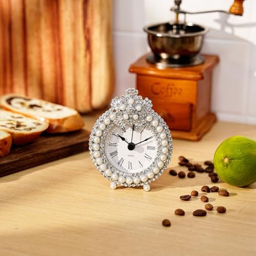 Small Tabletop Clock, Battery Operated Metal Clock with Rhinestone for Bedside, Table, Living Room, Home & Office, Quartz Analog Movement - Image 4