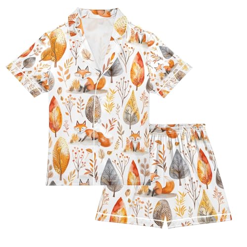 senya Fox and Tree Leaf Satin Summer Pajama Sets Silk Short Sleeve Button Down Sleepwear