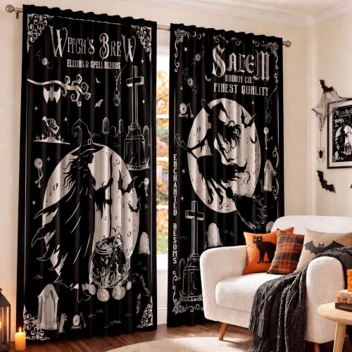 SmoothNovelty 2 Pcs Halloween Curtains for Living Room Gothic Black Witch Skull Bat Curtains 52 x 84 Inches Halloween Horror Window Drapes Bedroom Window Party Decor