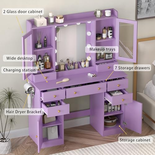 Image of Wodeer Vanity Desk with Mirror and Lights, 43 inch Purple Makeup Vanity Set with 5 Drawers & Glass Cabinets, Makeup Tray, Power Outlet & Adjustable LED Lights, Dressing Table for Women & Girls Bedroom