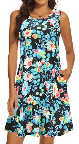 Image of Summer Dresses for Women 2026 Casual Sundresses Beach Cover Ups Sleeveless Tshirt Swing Dress with Pockets
