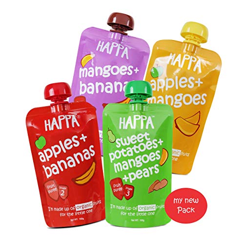 Happa Organic Food for Little one, Fruit Puree (Apple+Mango, Mango+Banana, Apple+Banana, Sweet Potato+Mango+Pear) Stage 3, 4 Pouches, 100 Gram Each Happa Organic Food for Little one, Fruit Puree (Apple+Mango, Mango+Banana, Apple+Banana, Sweet Potato+Mango+Pear) Stage 3, 4 Pouches, 100 Gram Each