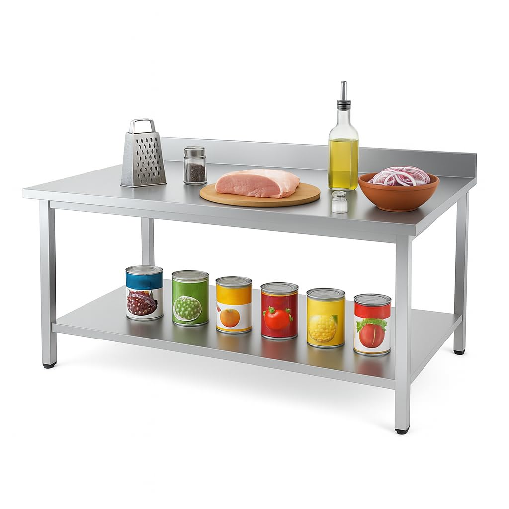 Générique Table INOX Professionnelle Adossée – 1500 x 600 mm – Plateau Spacieux avec Dosseret – Étagère de Rangement – Charge 150 kg