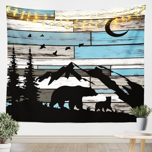 Feelyou Rustic Bear Tapestry Wildlife Hunting Tapestry Wall Hanging for Kids Boys Girls Forest Wild Animal Wall Tapestry Wooden Board Farmhouse Wall Art for Bedroom Living Room,Large 59x82 Inches