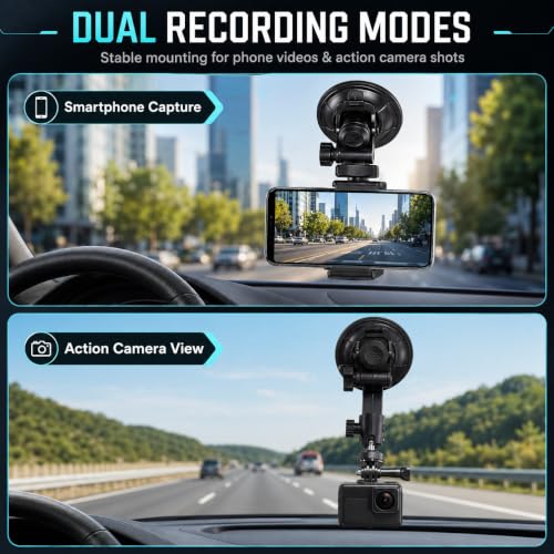 Image of Car Suction Cup Mount with 360 Adjustable Folding Arm | Action Camera Adapter & Smartphone Holder for Windshield, Dashboard, Glass and Smooth Surfaces