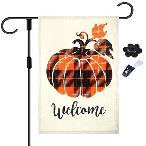 TecUnite Thanksgiving Gartenflagge Fall Kürbis Welcome for Thanksgiving Home Door Outdoor Party Dekorationen 30,5 x 45,7 cm (Thanksgiving Day mit Flaggenstopper und Clip