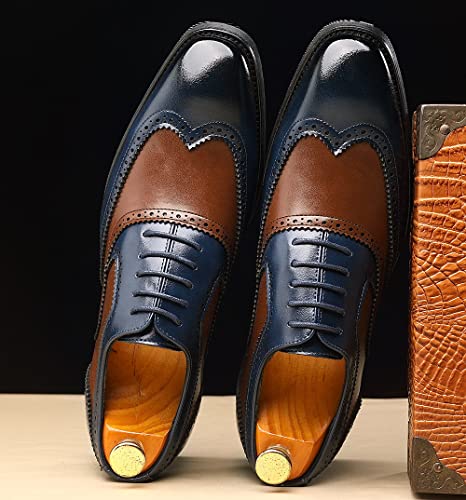 Santimon Wingtip Leather Dress Shoes for Men Brown Antique & Blue Italian Formal Oxfords 6
