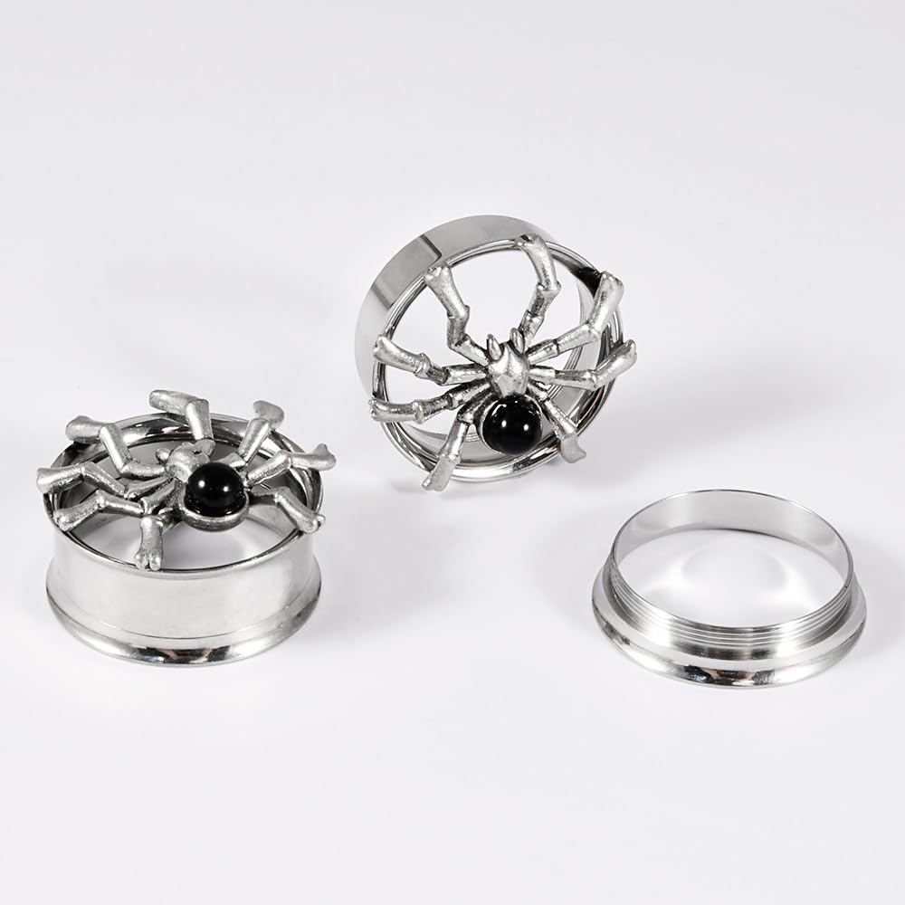 NewZenro Vintage Spider Ear Tunnels Plugs Expander Gauges Stretcher Screw Earrings for Men Stainless Steel Hypoallergenic Animal Personalized Piercing Body Jewelry for Halloween Party