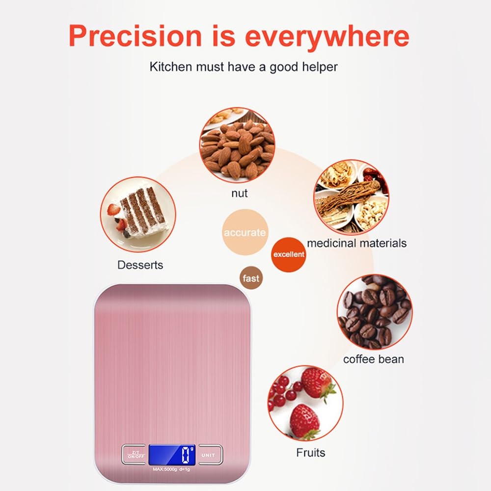 Báscula de Alimentos, báscula Digital de Cocina, Gramos y onzas de Peso for Hornear, cocinar y Preparar Comidas, 6 Unidades con función de Tara, Acero Inoxidable de fácil Limpieza(10kg/1g)