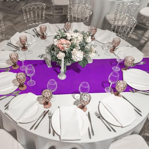 Image of 12Pack 12x108 Inch Satin Table Runner and 84 Inch Round Plastic Tablecloths Set White Purple Disposable Round Table Cover for Graduation Wedding Bridal Shower Anniversary Birthday Party Decorations