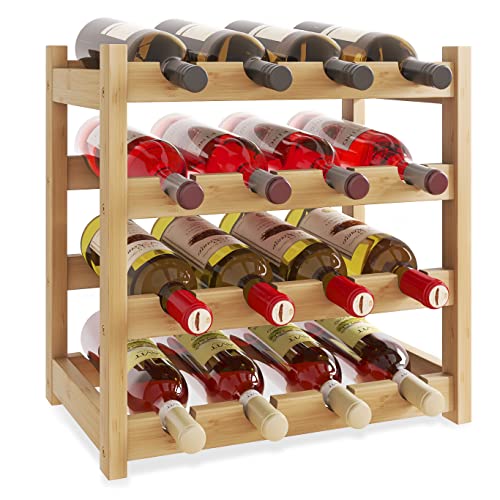 SMIBUY Casier à vin, Étagère à vin en Bambou à 4 Niveaux pour comptoir, 16 Bouteilles de vin sur Pied pour Armoire à Liqueur (Naturel)