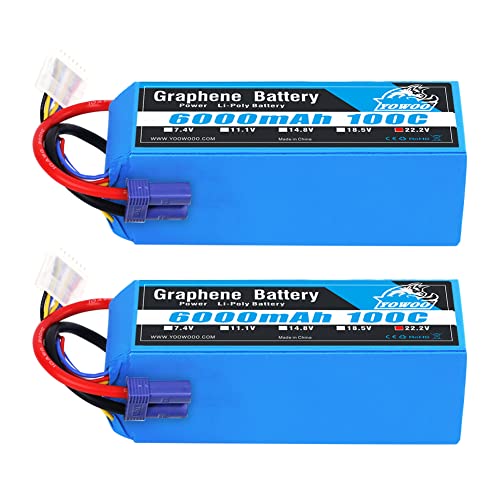 Yowoo 2 Pack Graphene Lipo Battery 6S 6000mAh 22.2V 100C with EC5 Plug RC Batteries for Mikado LOGO500, Align 7.2 700L Yak 54 T-REX, Align T-REX 550/ 700E F3C/ 800E RC DJI Airplane Car Truck Boat