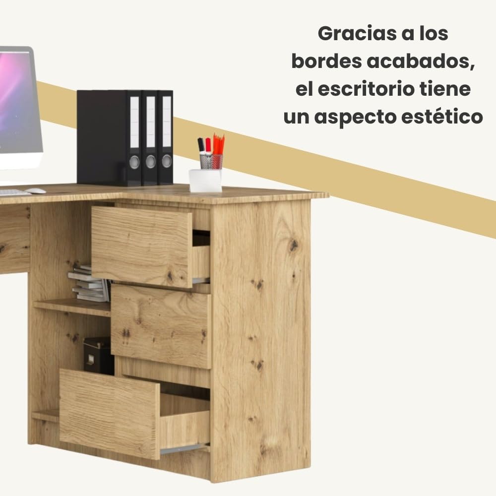 Escritorio esquinero AKORD B16 Roble Artisan 124 cm con lado derecho 3 cajones frente en color Roble Artisan 2 estantes 124x85x77 cm