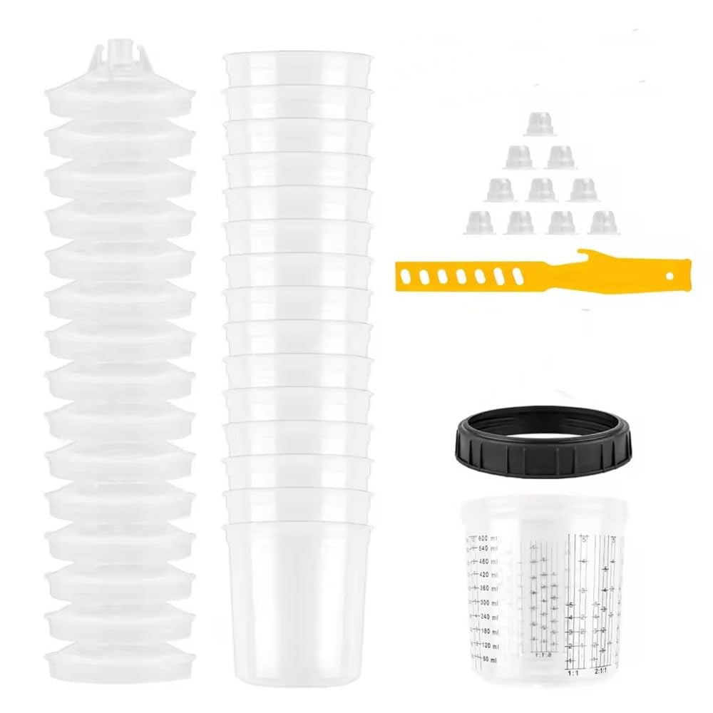 NEWFUN 50 Stück Einweg Farbmischbecher Set für HVLP & LVLP Lackierpistole,20 Unzen (600 ml) Set mit 50 Bechern und Deckeln, 1 Hartbecher mit Haltering und 25 Verschlussstopfen