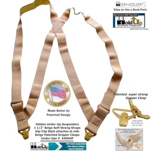 Holdup Tan 1 1/2\" Hip-Clip Style Under-Ups Suspenders for Men with the Patented Composite plastic Gripper Clasps