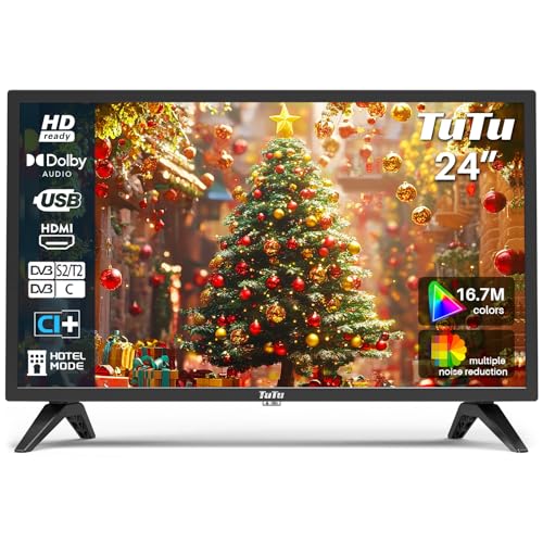 TuTu Fernseher 24 Zoll (60 cm) HD LED TV mit Triple Tuner (DVB-T/T2-C-S/S2), USB Media Player, HDMI, VGA, CI/CI+, Hotelmodus (2024, 220 Volt)