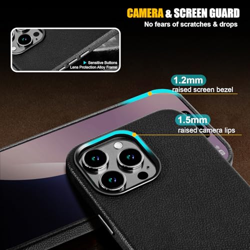 Image of Genuine Leather Case for iPhone 15 Pro Compatible with Magsafe Black | Non-Slip Pebbled Leather, Stylish, Slim Fit, Super Magnetic, Compatible with Wireless Charging, Metal Buttons, Camera Bezel