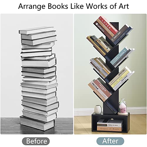 Image of Hoctieon 6 Tier Tree Bookshelf, Tall Bookcase with Drawer, Freestanding Book Shelf, Display Floor Standing Storage Shelf, Book Organizer Shelves for Home Office, Living Room, Bedroom, Black