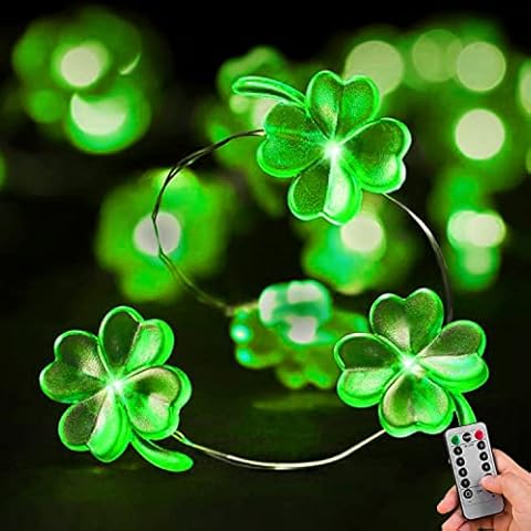Guirnalda de luces LED con pilas de trébol de San Patricio con control remoto de 10 pies, 40 ledes, 8 modos, trébol de la suerte, hecho a mano Cover