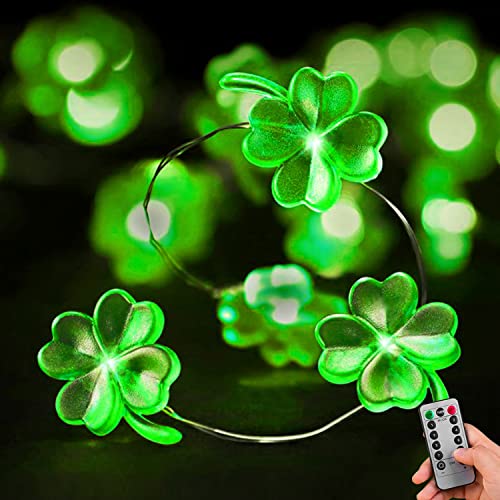 Yiaht St. Patricks Day Lights Shamrock String Lights Battery Operated 13 Feet 40 LEDs 8 Mode with Remote Lucky Clover Silver Wire Mini Fairy Lights for Bedroom Party Feast Green Day Decorations
