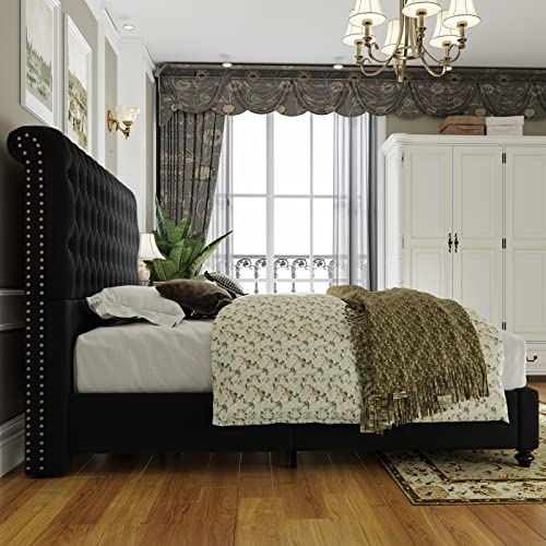Jocisland King Bed Frame Upholstered Bed Sleigh Headboard Velvet Tufted Diamond Button/No Box Spring Needed/Easy Assembly/Black #TOP3