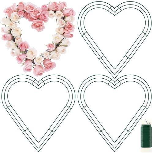 Fovths 4 Pack Heart Wreath Frame 14 Inch Dark Green Heart Shaped Metal Wreath Garland Wire Flower Wreaths for Valentines Day DIY Crafts Wedding Party Home Ceremony Decoration