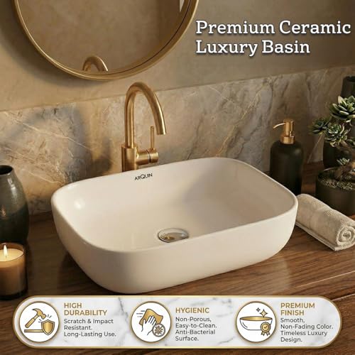 Image of ARQUIN ARQUIN Wash Basin for Bathroom Table Top Washbasin, Countertop Basin | Ceramic Washbasin Bathroom,Hotel | Living Room | Office Vanity Wash Basin (19.29x 15.35x5.12 Inch)