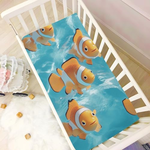 Image of Crib Sheet Breathable Soft Crib Mattress Sheet for Baby Toddler Boys Girls Fitted Crib Sheet Fit Standard Crib Mattress 39 x 27 Inch Yellow Clownfishes and Swimming Pool