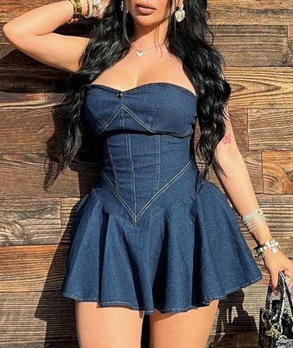 Image of xxxiticat Women's Denim Tube Dress Sleeveless Pleated Skirt Hem Strapless A-Line Flared Off Shoulder Mini Jeans Dresses