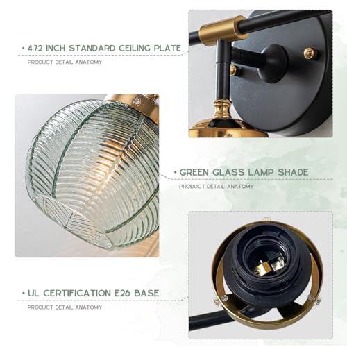 Image of 3 Light Bathroom Vanity Light Fixture, Modern Glass Globe Wall Sconce with Ribbed Green Shade, Vintage Wall Lamp for Over Mirror, Bedroom, Hallway, Living Room, 23.6x7.9 inches