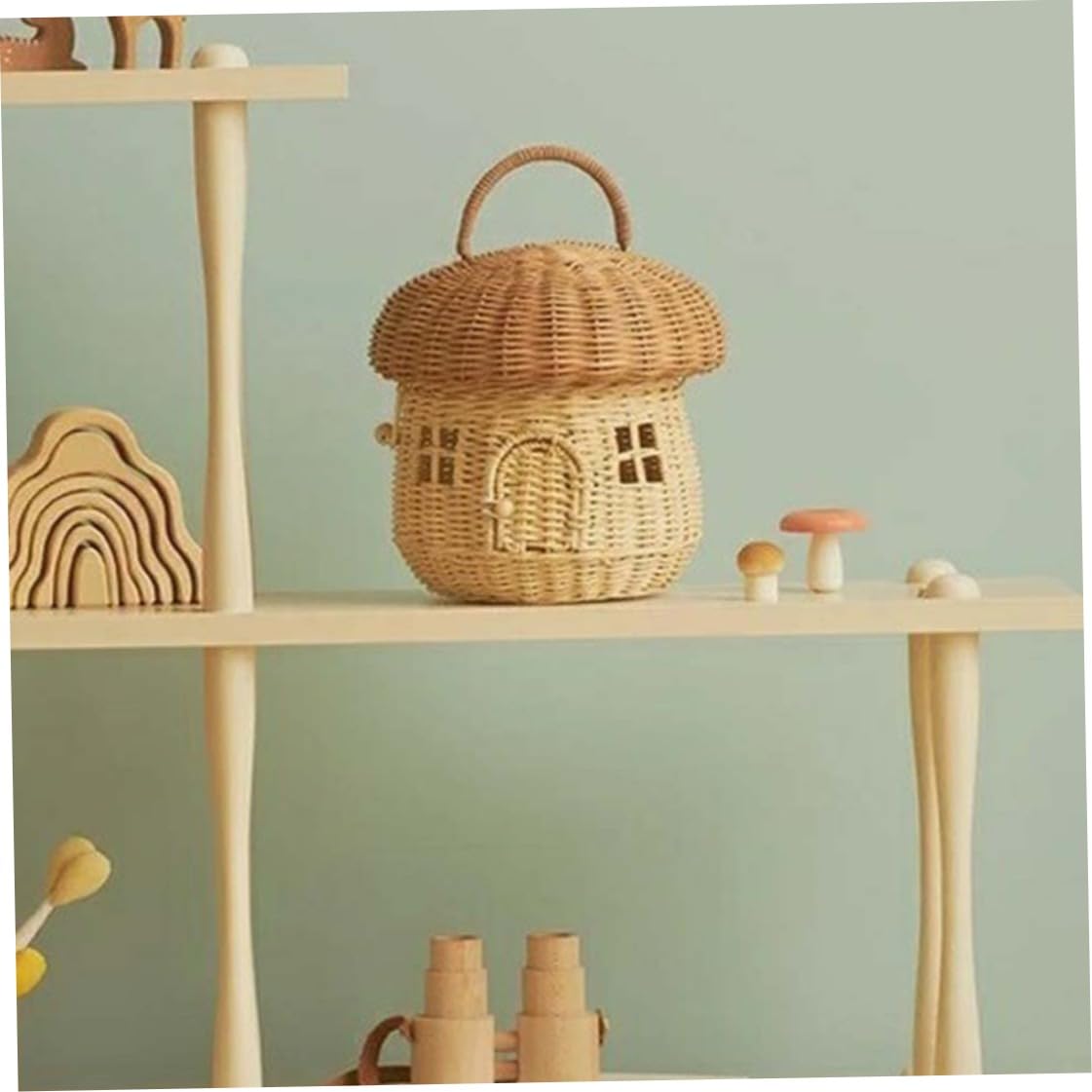 Cesta de almacenamiento tejida de ratán decorativa con forma de hongo de gran capacidad con tapa y asa, elegante cesta de mimbre para estante, despensa, cocina, baño, organizador del hogar