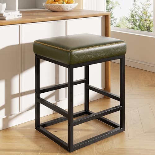 Image of Bar Stools, 24in Counter Height Barstools, Faux Leather Counter Stools with Thick Square Seats & Sturdy Metal Base, Modern Bar Chairs for Kitchen Island (Green)