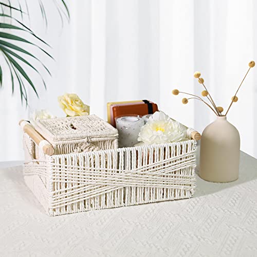 Anminy 3 Pack Woven Storage Basket With Wood Handles Handmade Natural Paper Rope Decorative Boho Desk Wicker Storage Bins Box Set Nursery Baby Kid Large Meduim Small Shelf Organizer Container - White #TOP7